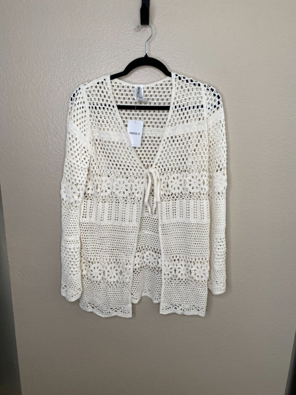 NWT Forever 21 Womens Crochet Open Front Sweater Ivory Medium Swim Coverup